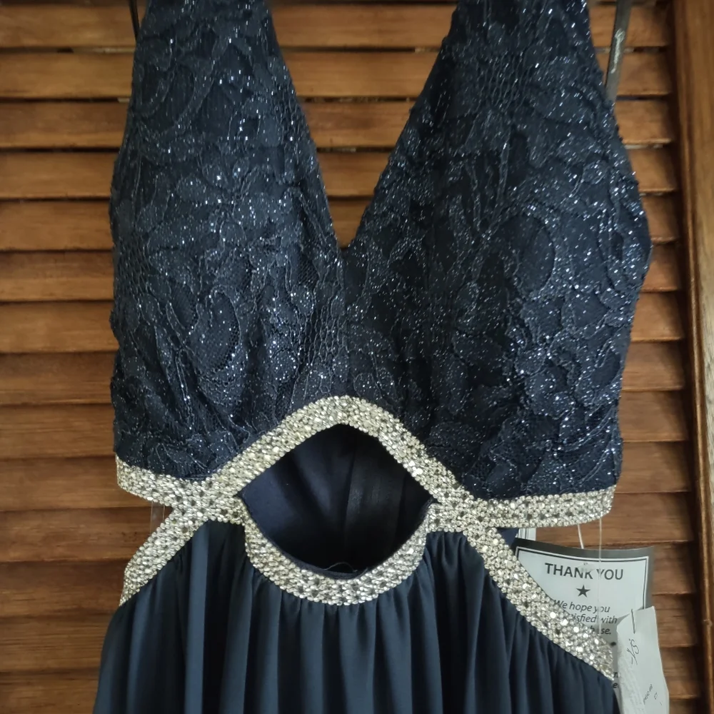 Navy Blue Long Halter top Evening gown, Sequin - Picture 9 of 10